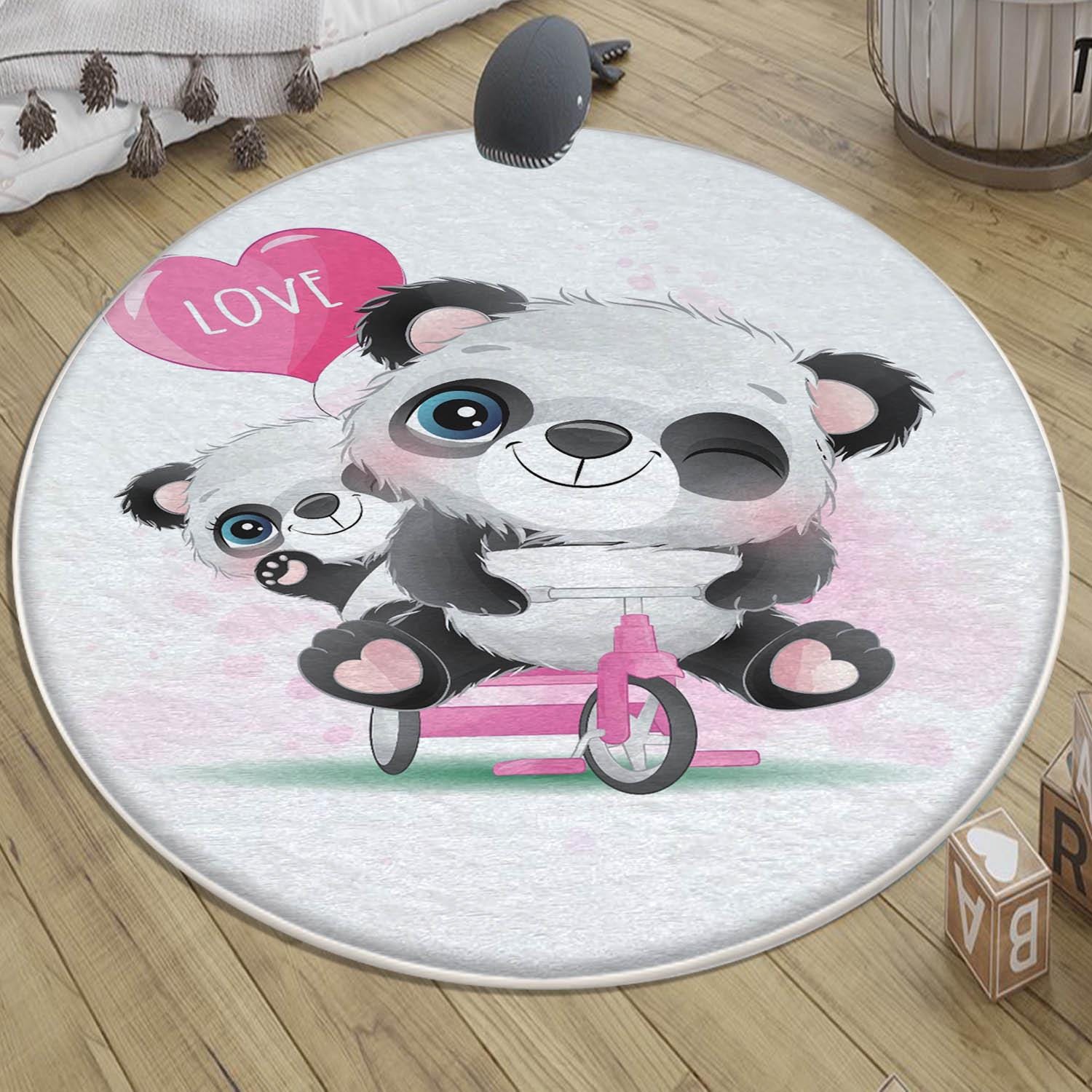 Round Panda Pink Bicycle Kids Baby Nursery Room Rug, Animal Rug Gift For Girl Kid, Kids Room Gift, Kids Room Decor with pillow case gift