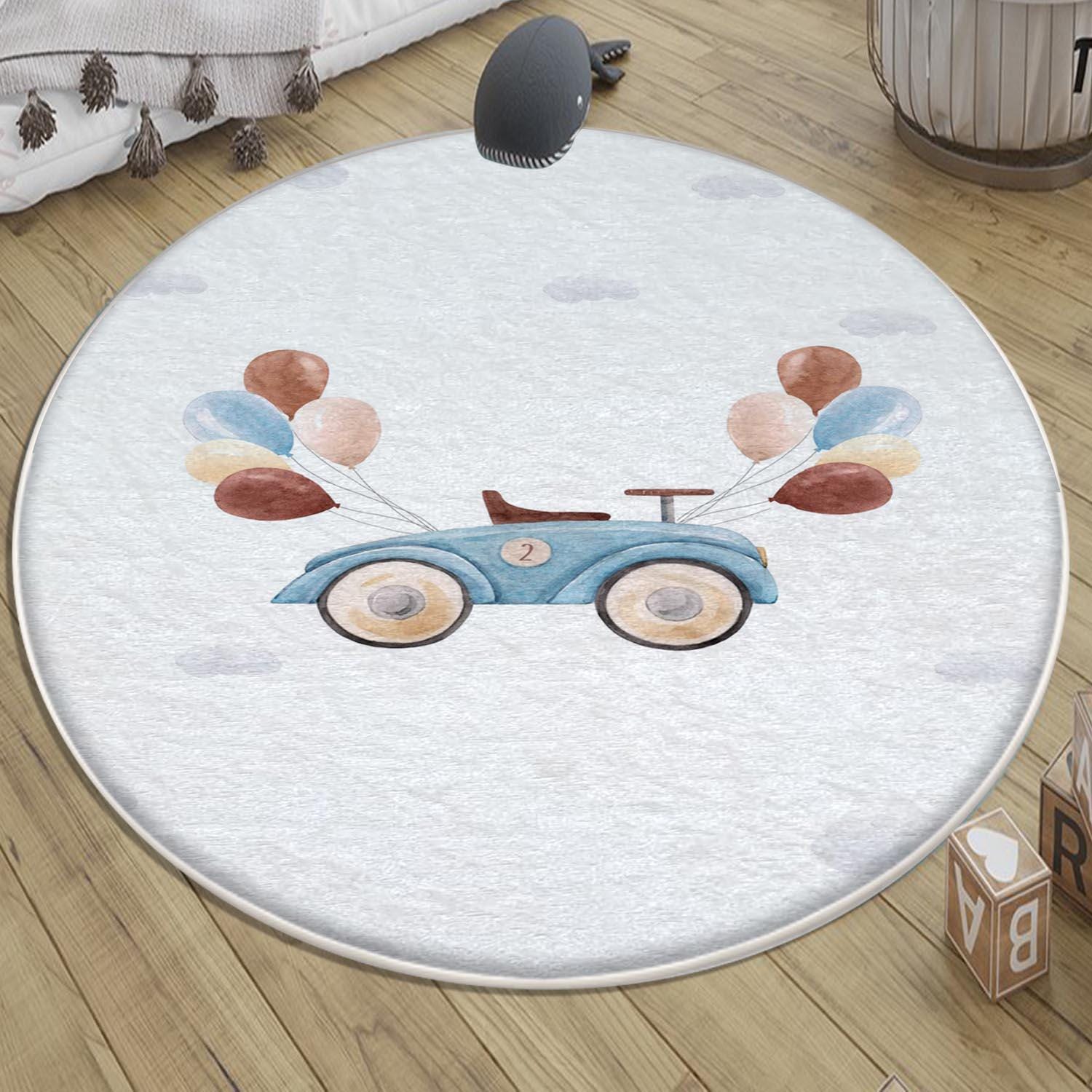 Round Retro Blue Car Balloons Kids Baby Nursery Room Rug, Car Rug Gift For Girl Kid, Kids Room Gift, Kids Room Decor with pillow case gift