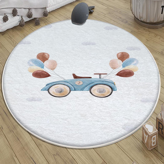 Round Retro Blue Car Balloons Kids Baby Nursery Room Rug, Car Rug Gift For Girl Kid, Kids Room Gift, Kids Room Decor with pillow case gift