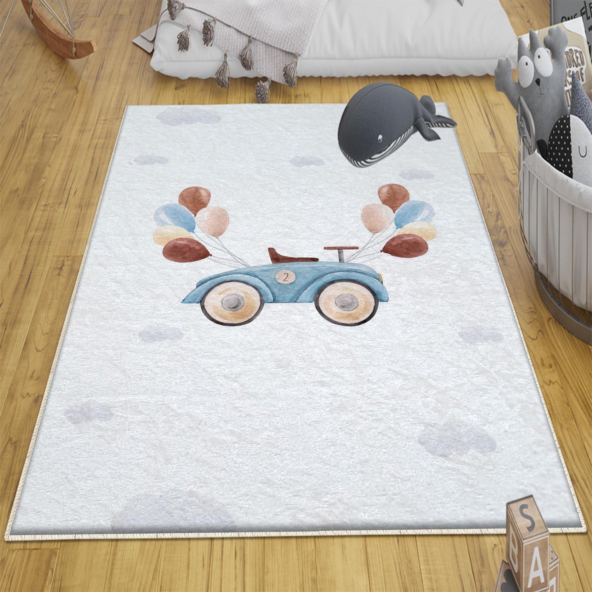 Round Retro Blue Car Balloons Kids Baby Nursery Room Rug, Car Rug Gift For Girl Kid, Kids Room Gift, Kids Room Decor with pillow case gift