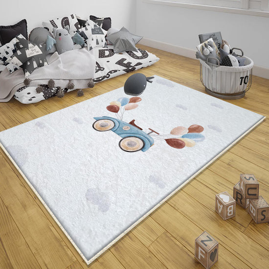 Round Retro Blue Car Balloons Kids Baby Nursery Room Rug, Car Rug Gift For Girl Kid, Kids Room Gift, Kids Room Decor with pillow case gift