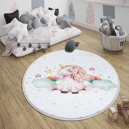 Round Unicorn Horse Rainbow Clouds Kids Baby Nursery Room Rug, Rug Gift For Girl Kids, Kids Room Gift, Kids Room Decor with pillow case gift
