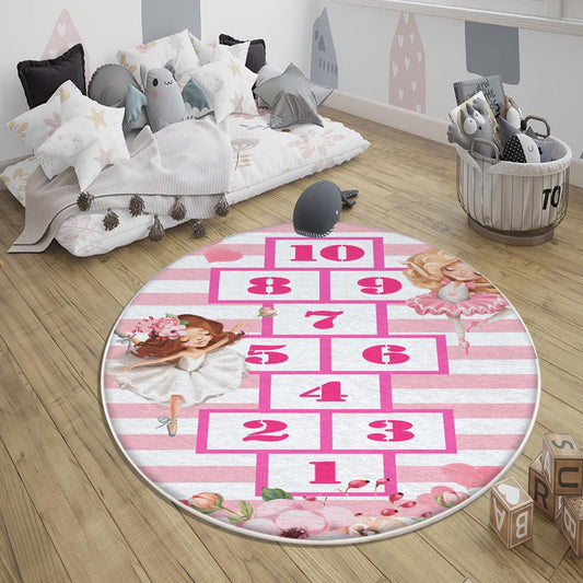 Pink Hopscotch Ballerina Girls Kids Room Rug, Cute Playground Rug Gift For Kid, Girl Kids Room Gift, Kids Room Decor with pillow case gift