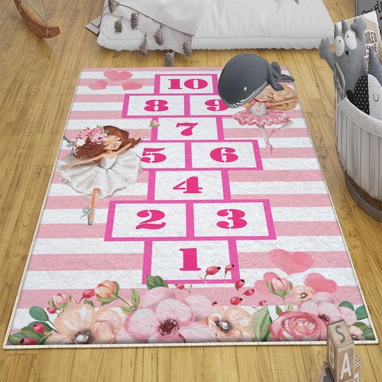 Pink Hopscotch Ballerina Girls Kids Room Rug, Cute Playground Rug Gift For Kid, Girl Kids Room Gift, Kids Room Decor with pillow case gift