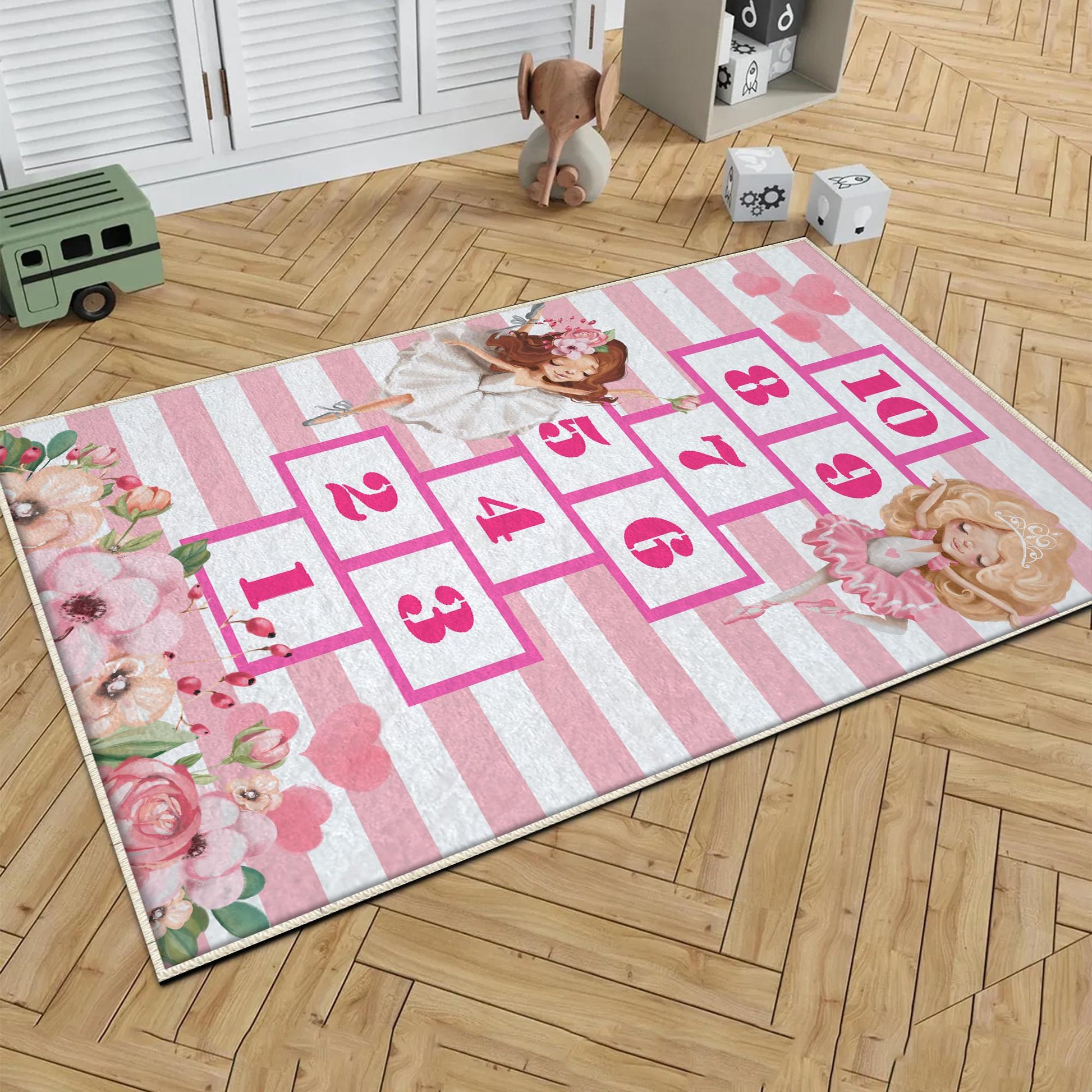 Pink Hopscotch Ballerina Girls Kids Room Rug, Cute Playground Rug Gift For Kid, Girl Kids Room Gift, Kids Room Decor with pillow case gift