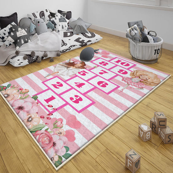 Pink Hopscotch Ballerina Girls Kids Room Rug, Cute Playground Rug Gift For Kid, Girl Kids Room Gift, Kids Room Decor with pillow case gift