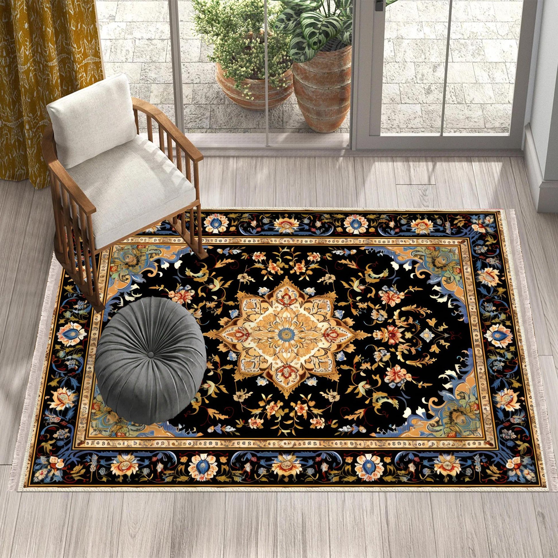 Persian Victorian Style Rug, Blue Black Turkish Ottoman Carpet, Soft Textured Kitchen Runner, Bohemian Area Rug for Living Room Bedroom