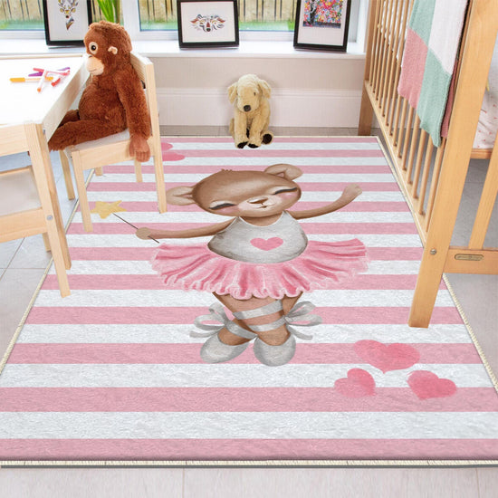 Pink Ballerina Bear Hearts Girl Nursery Room Rug, Cute Bear Rug Gift For Kid, Girl Baby Room Gift, Kid Room Decor with pillow case gift