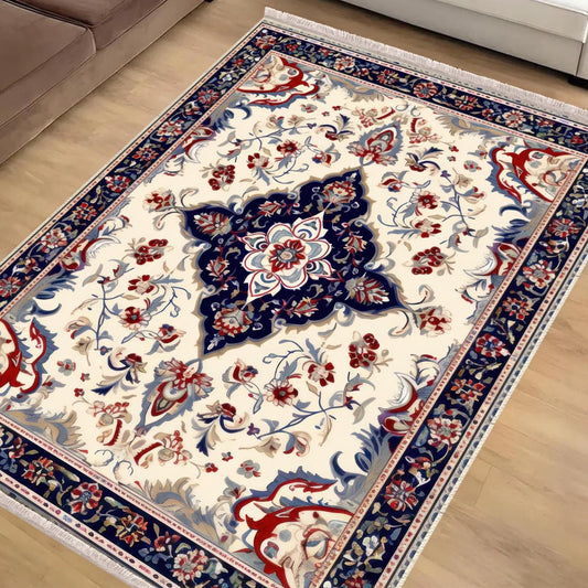 Persian Vintage Style Rug Navy Blue Red Carpet, Soft Textured Kitchen Runner, Bohemian Area Rugs for Living Room & Bedroom