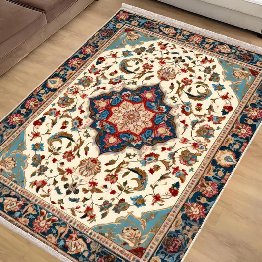 Persian Vintage Style Rug, Blue Red Turkish Floral Carpet, Soft Textured Kitchen Runner, Bohemian Area Rugs for Living Room & Bedroom