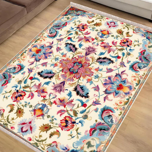 Persian Vintage Style Rug, Colorful Flower Turkish Floral Carpet, Soft Textured Kitchen Runner, Bohemian Area Rugs for Living Room & Bedroom