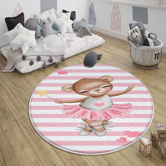 Round Pink Ballerina Bear Heart Girl Nursery Room Rug, Cute Bear Rug Gift For Kid, Girl Baby Room Gift, Kid Room Decor with pillow case gift