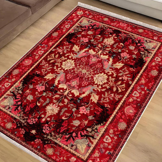 Persian Vintage Style Rug, Red Burgundy Turkish Ottoman Carpet, Soft Textured Kitchen Runner, Bohemian Area Rug for Living Room Bedroom