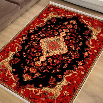 Persian Vintage Style Rug, Red Black Turkish Ottoman Carpet, Soft Textured Kitchen Runner, Bohemian Area Rug for Living Room Bedroom