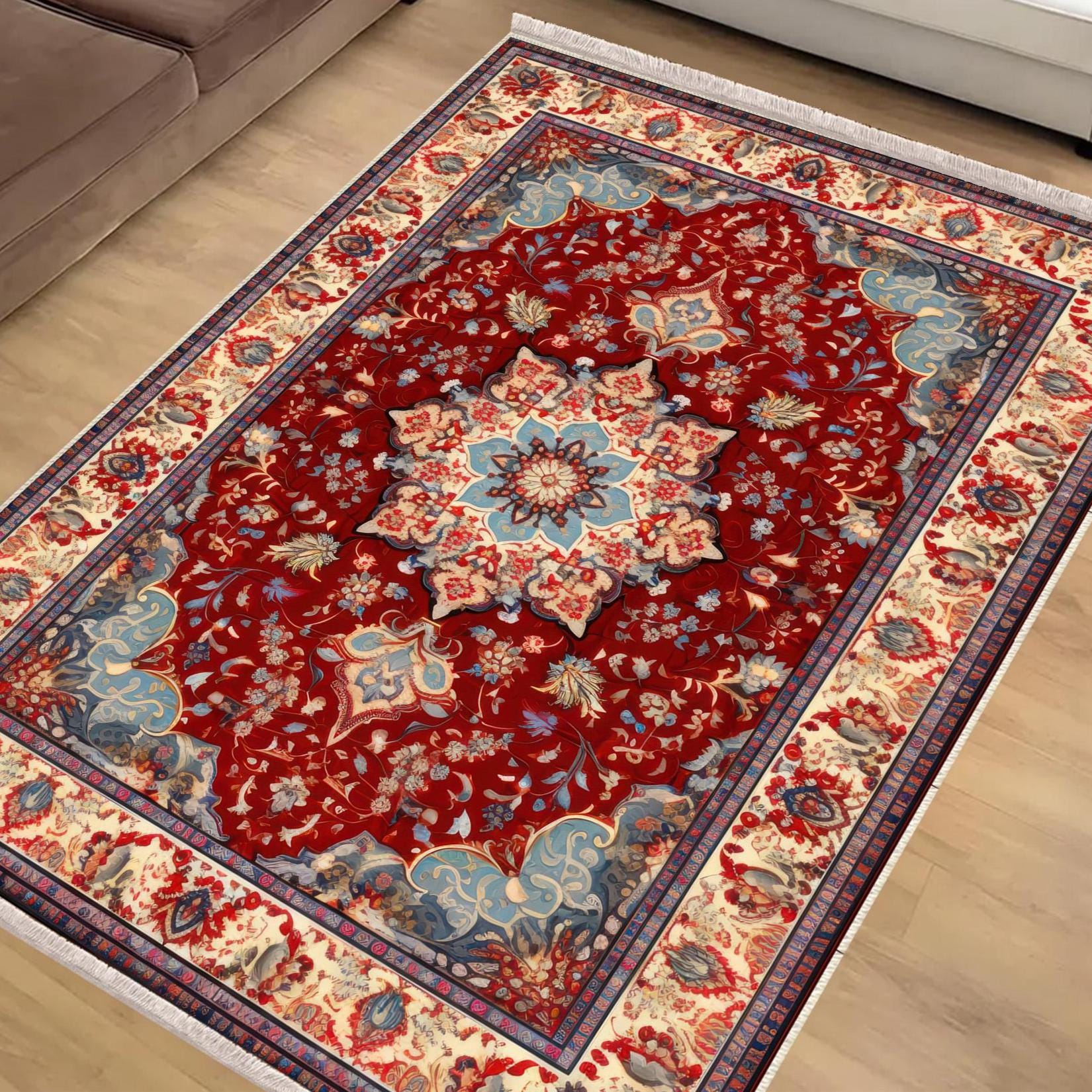 Persian Vintage Style Rug, Red Brown Green Turkish Ottoman Carpet, Soft Textured Kitchen Runner, Bohemian Area Rug for Living Room Bedroom
