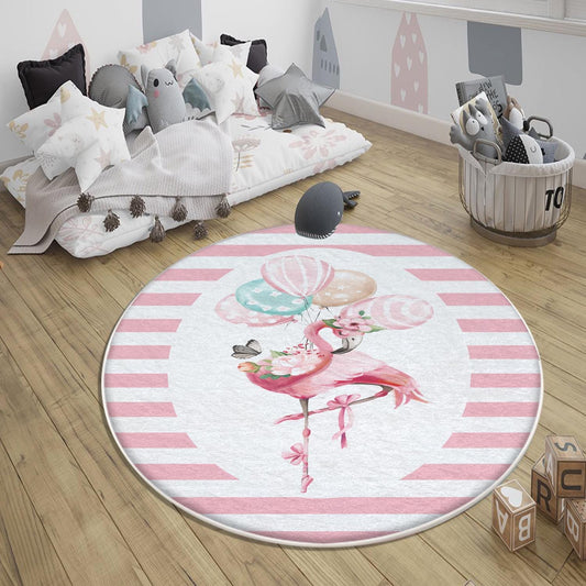 Round Pink Flamingo Girl Baby Nursery Room Rug, Cute Ballerina Rug Gift For Kid, Girl Baby Room Gift, Kid Room Decor with pillow case gift