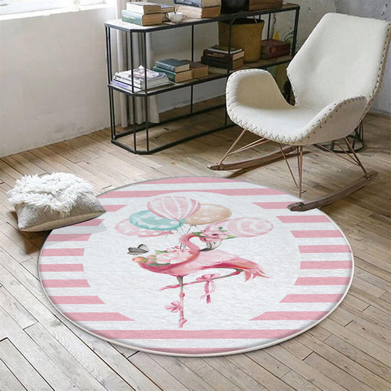 Round Pink Flamingo Girl Baby Nursery Room Rug, Cute Ballerina Rug Gift For Kid, Girl Baby Room Gift, Kid Room Decor with pillow case gift