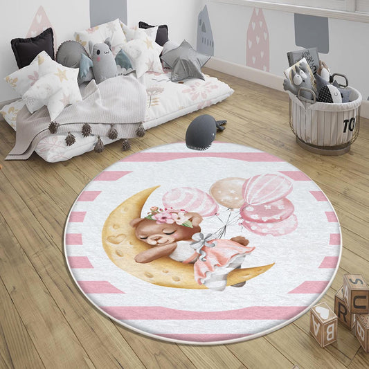 Round Pink Moon Sleep Bear Girl Baby Nursery Room Rug, Cute Bear Rug Gift For Kid, Girl Baby Room Gift, Kid Room Decor with pillow case gift