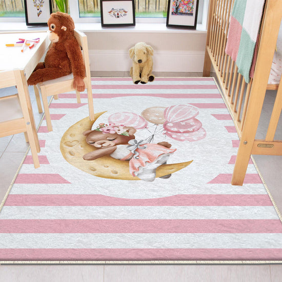 Round Pink Moon Sleep Bear Girl Baby Nursery Room Rug, Cute Bear Rug Gift For Kid, Girl Baby Room Gift, Kid Room Decor with pillow case gift