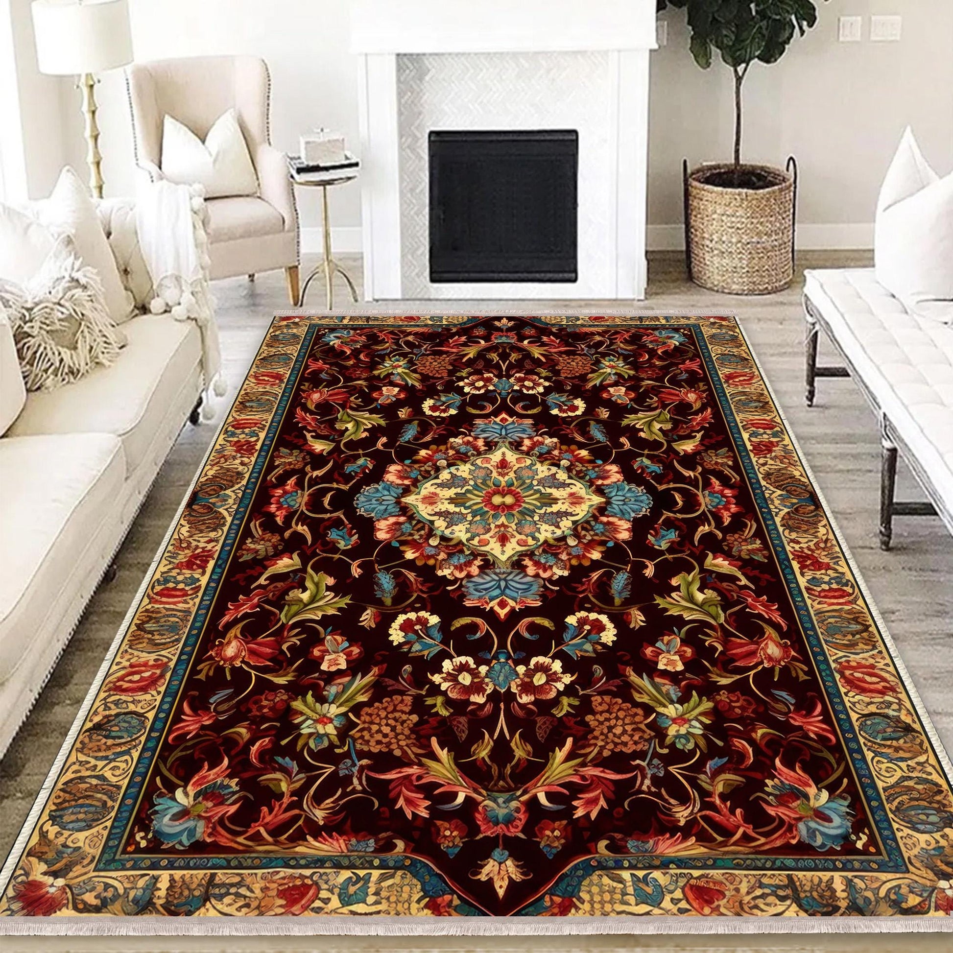 Persian Floral Victorian Rug, Brown Turkish Medieval Carpet, Soft Textured Kitchen Runner, Bohemian Area Rug for Living Room Bedroom