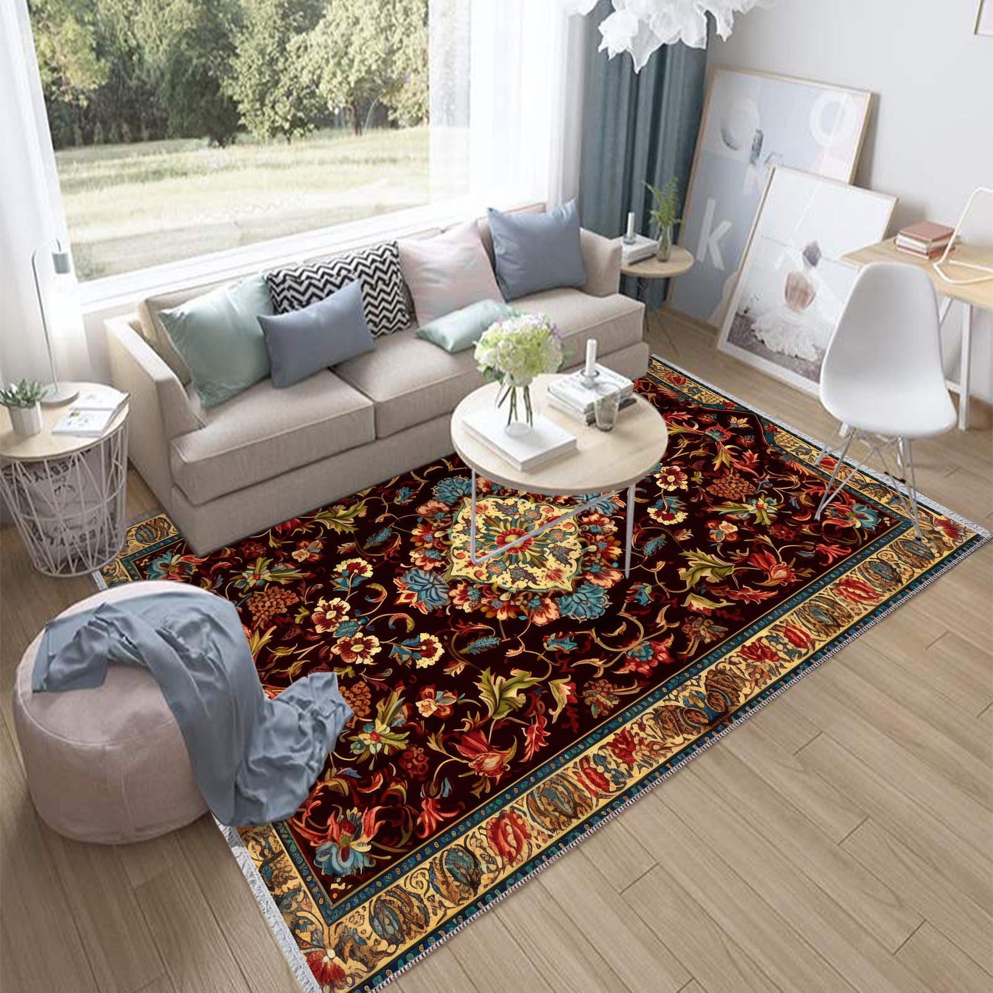 Persian Floral Victorian Rug, Brown Turkish Medieval Carpet, Soft Textured Kitchen Runner, Bohemian Area Rug for Living Room Bedroom