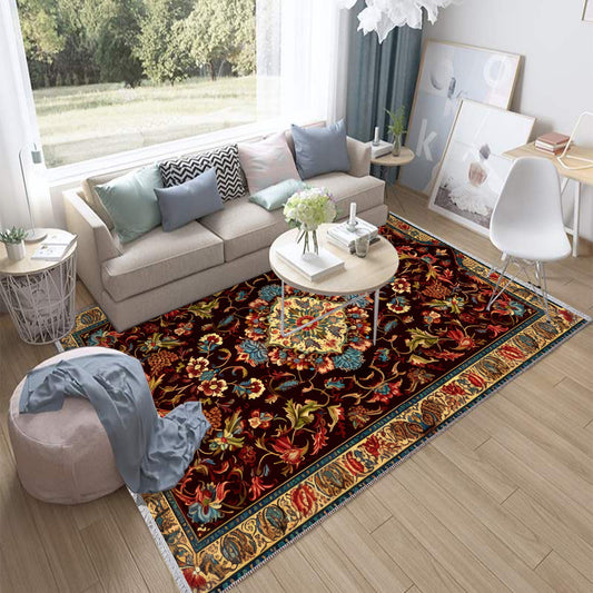 Persian Floral Victorian Rug, Brown Turkish Medieval Carpet, Soft Textured Kitchen Runner, Bohemian Area Rug for Living Room Bedroom