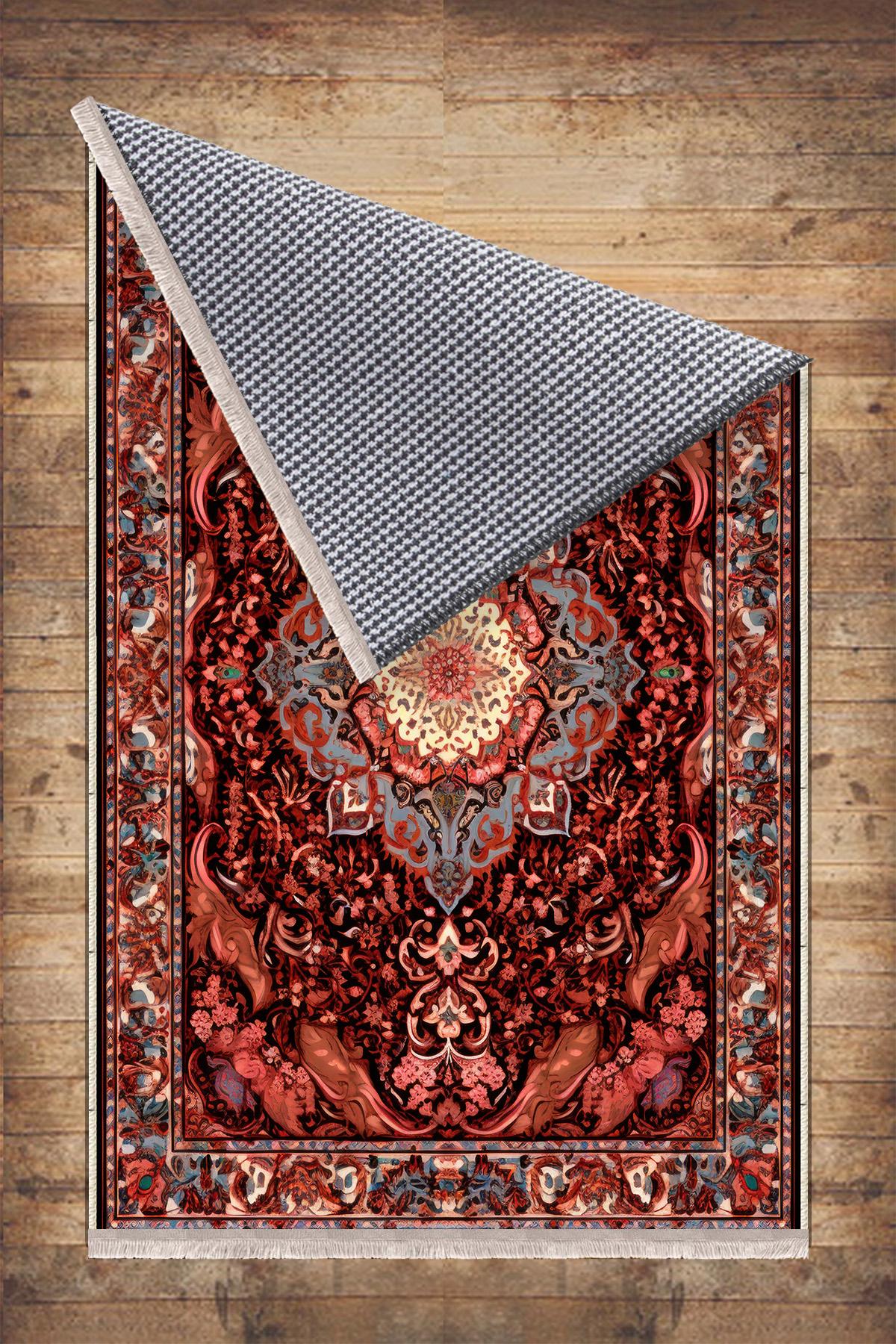 Persian Floral Victorian Rug, Red Burgundy Turkish Medieval Carpet, Soft Textured Kitchen Runner, Bohemian Area Rug for Living Room Bedroom