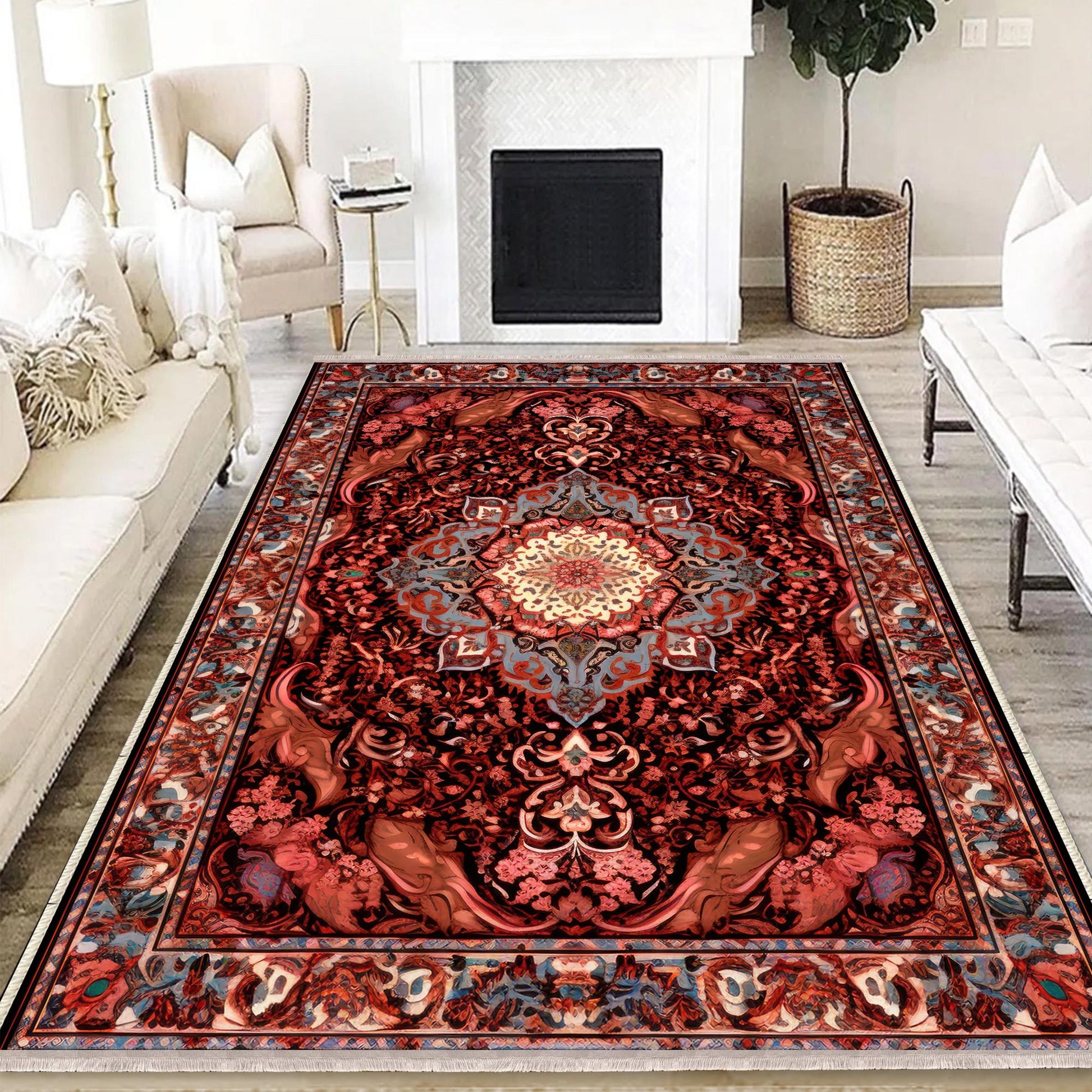 Persian Floral Victorian Rug, Red Burgundy Turkish Medieval Carpet, Soft Textured Kitchen Runner, Bohemian Area Rug for Living Room Bedroom