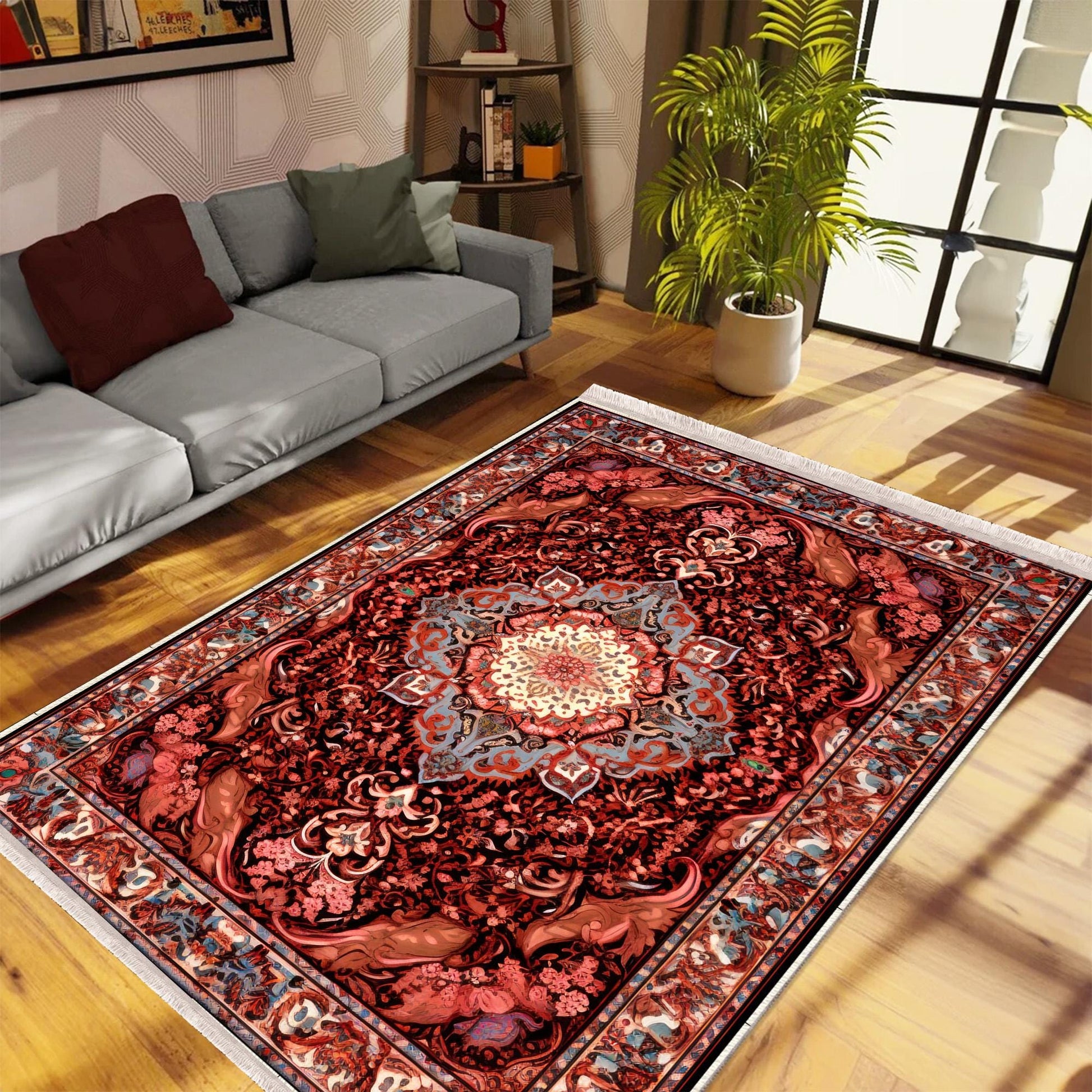 Persian Floral Victorian Rug, Red Burgundy Turkish Medieval Carpet, Soft Textured Kitchen Runner, Bohemian Area Rug for Living Room Bedroom