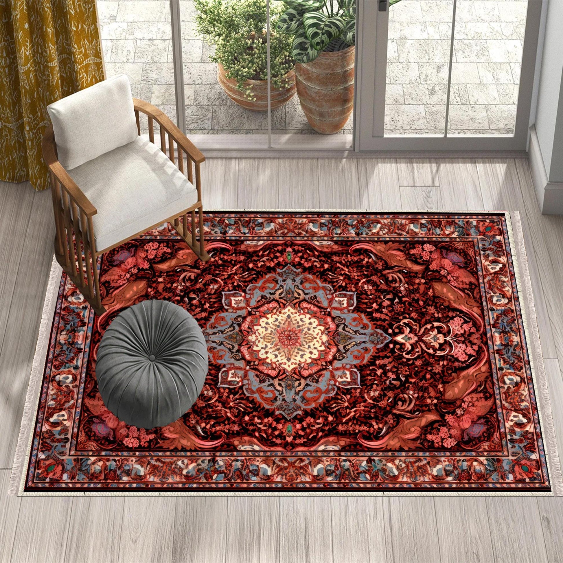 Persian Floral Victorian Rug, Red Burgundy Turkish Medieval Carpet, Soft Textured Kitchen Runner, Bohemian Area Rug for Living Room Bedroom