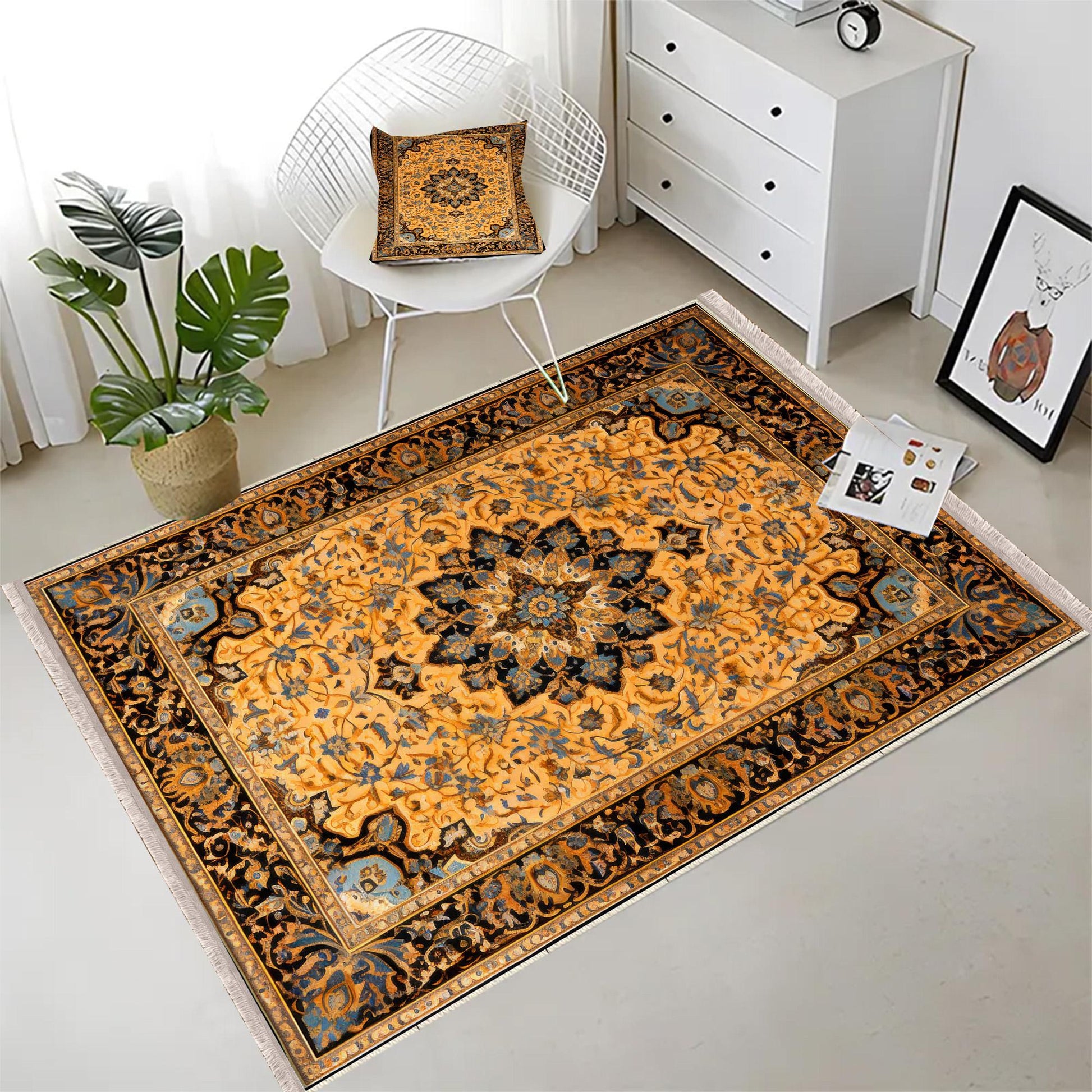 Persian Ethnic Victorian Rug - Brown Yellow Turkish Medieval Carpet, Soft Textured Kitchen Runner Bohemian Area Rug