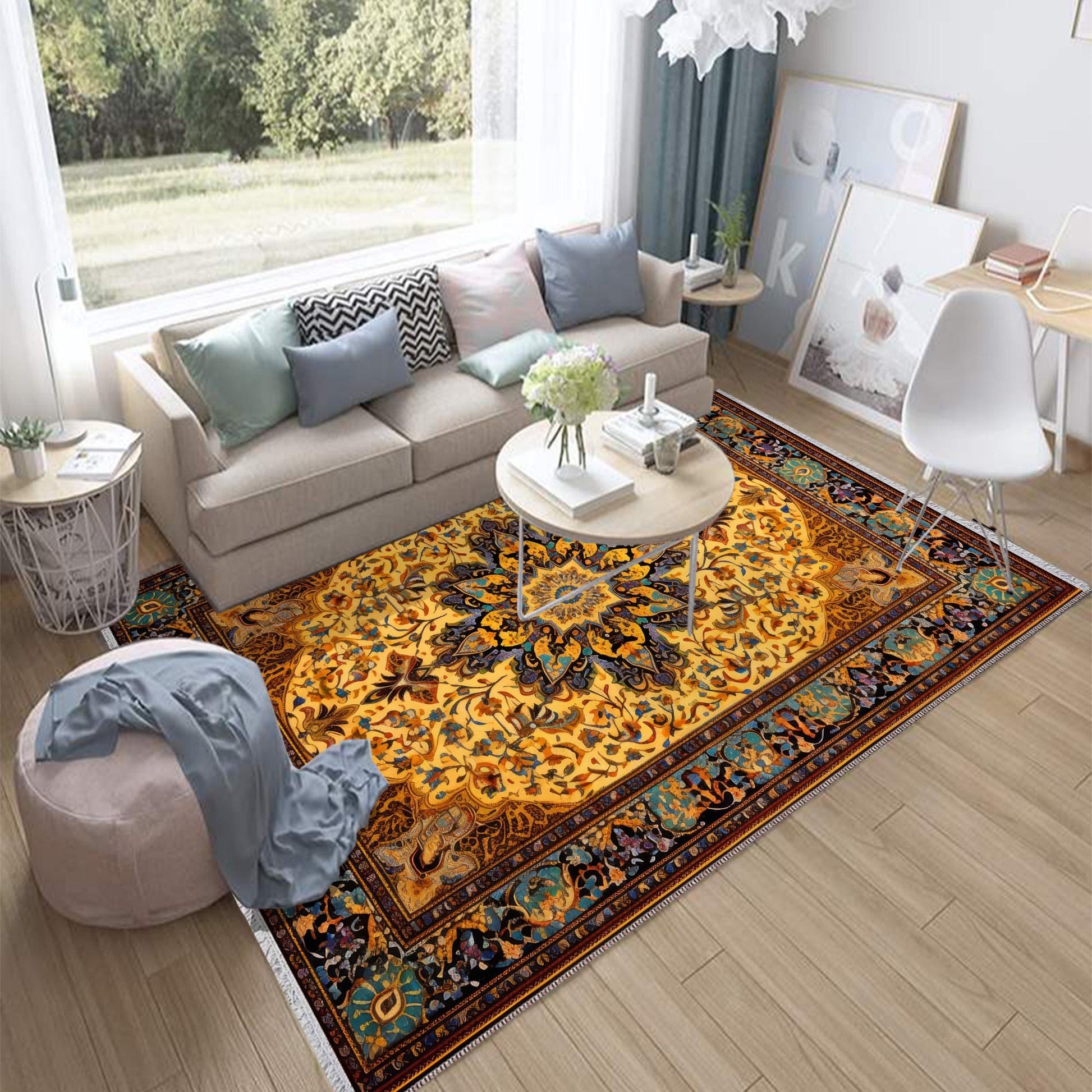 Persian Ethnic Victorian Tribal Rug - Brown Yellow Green Turkish Medieval Carpet, Soft Textured Kitchen Runner Bohemian Area Rug