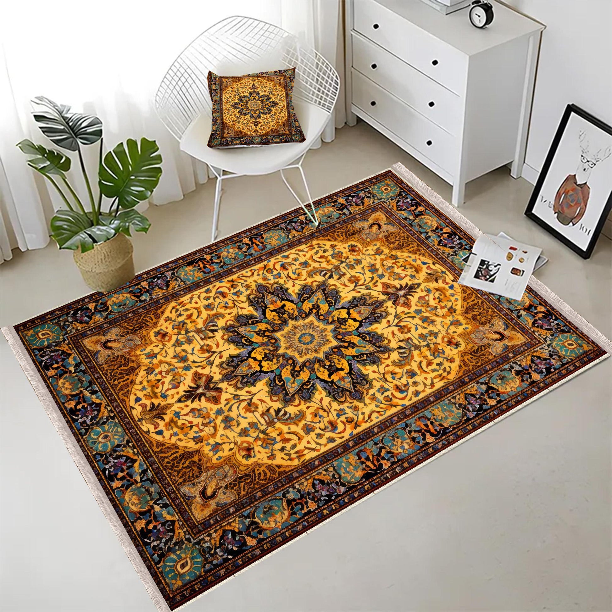 Persian Ethnic Victorian Tribal Rug - Brown Yellow Green Turkish Medieval Carpet, Soft Textured Kitchen Runner Bohemian Area Rug