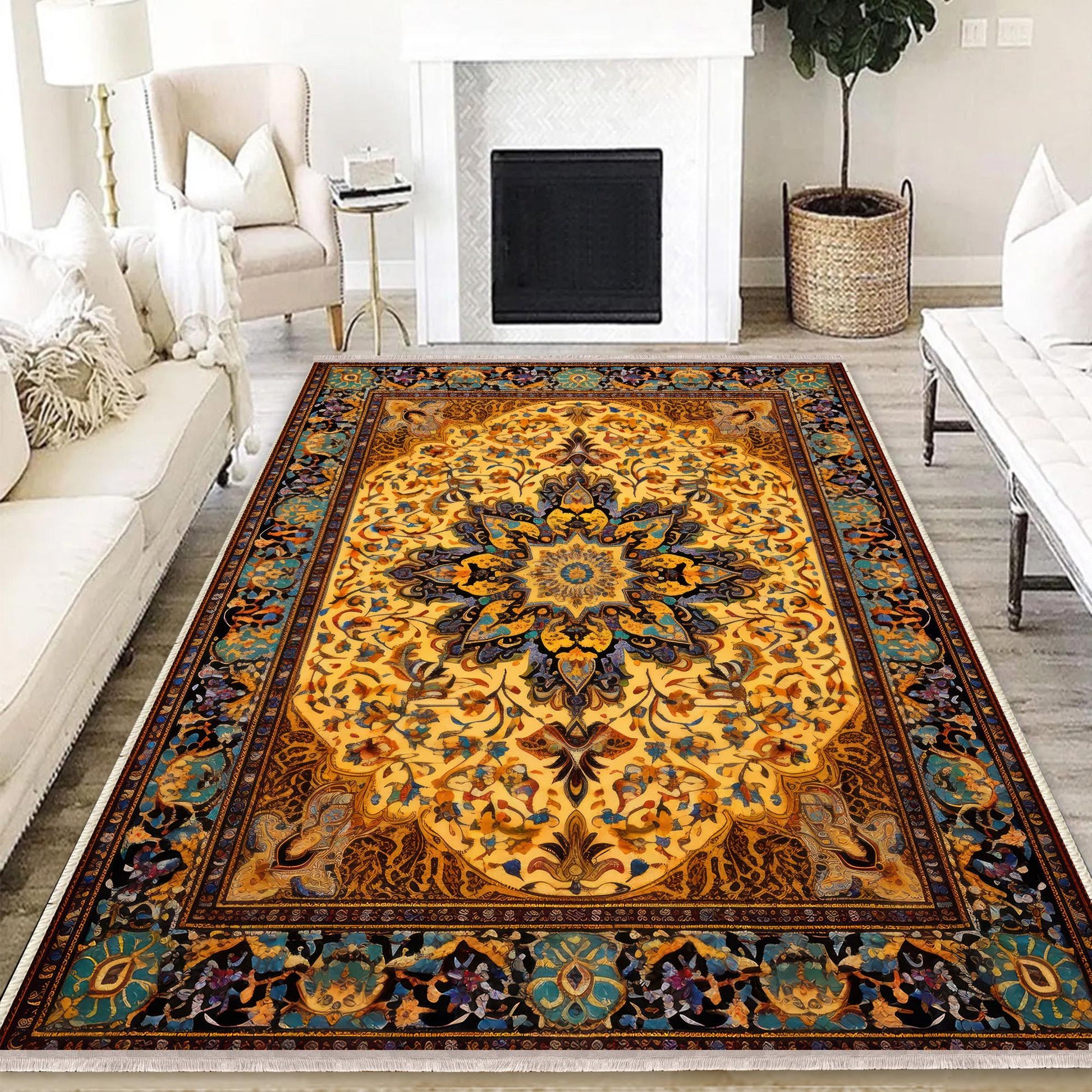 Persian Ethnic Victorian Tribal Rug - Brown Yellow Green Turkish Medieval Carpet, Soft Textured Kitchen Runner Bohemian Area Rug