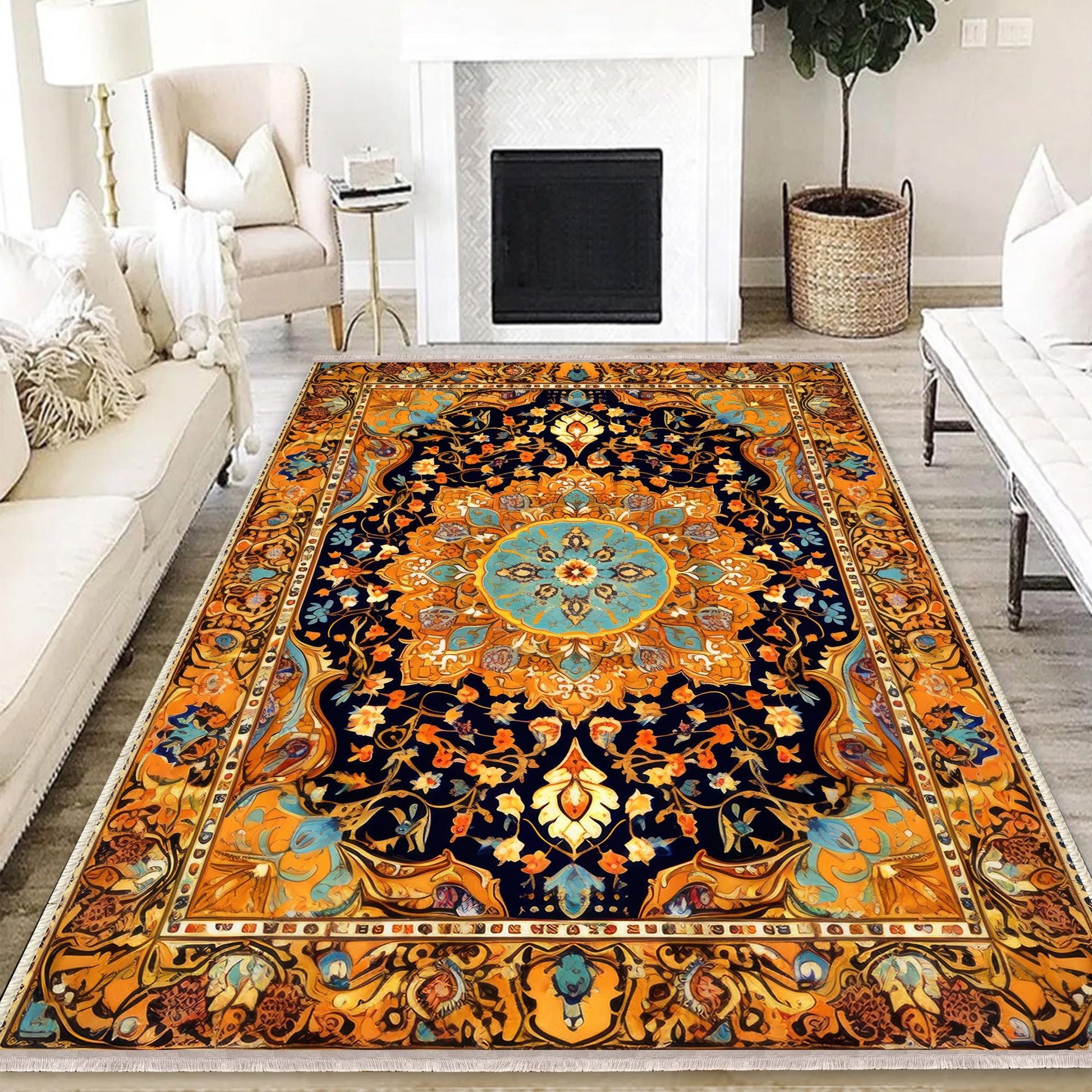 Persian Ethnic Victorian Tribal Rug - Brown Yellow Green Turkish Floral Medieval Carpet, Soft Textured Kitchen Runner Bohemian Area Rug