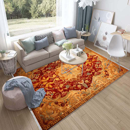 Persian Ethnic Victorian Tribal Rug - Red Yellow Antiqued Turkish Floral Medieval Carpet, Soft Textured Kitchen Runner Bohemian Area Rug