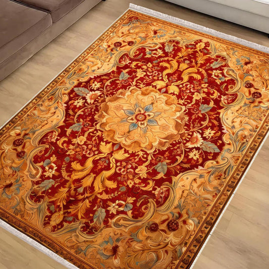 Persian Ethnic Victorian Tribal Rug - Red Yellow Antiqued Turkish Floral Medieval Carpet, Soft Textured Kitchen Runner Bohemian Area Rug