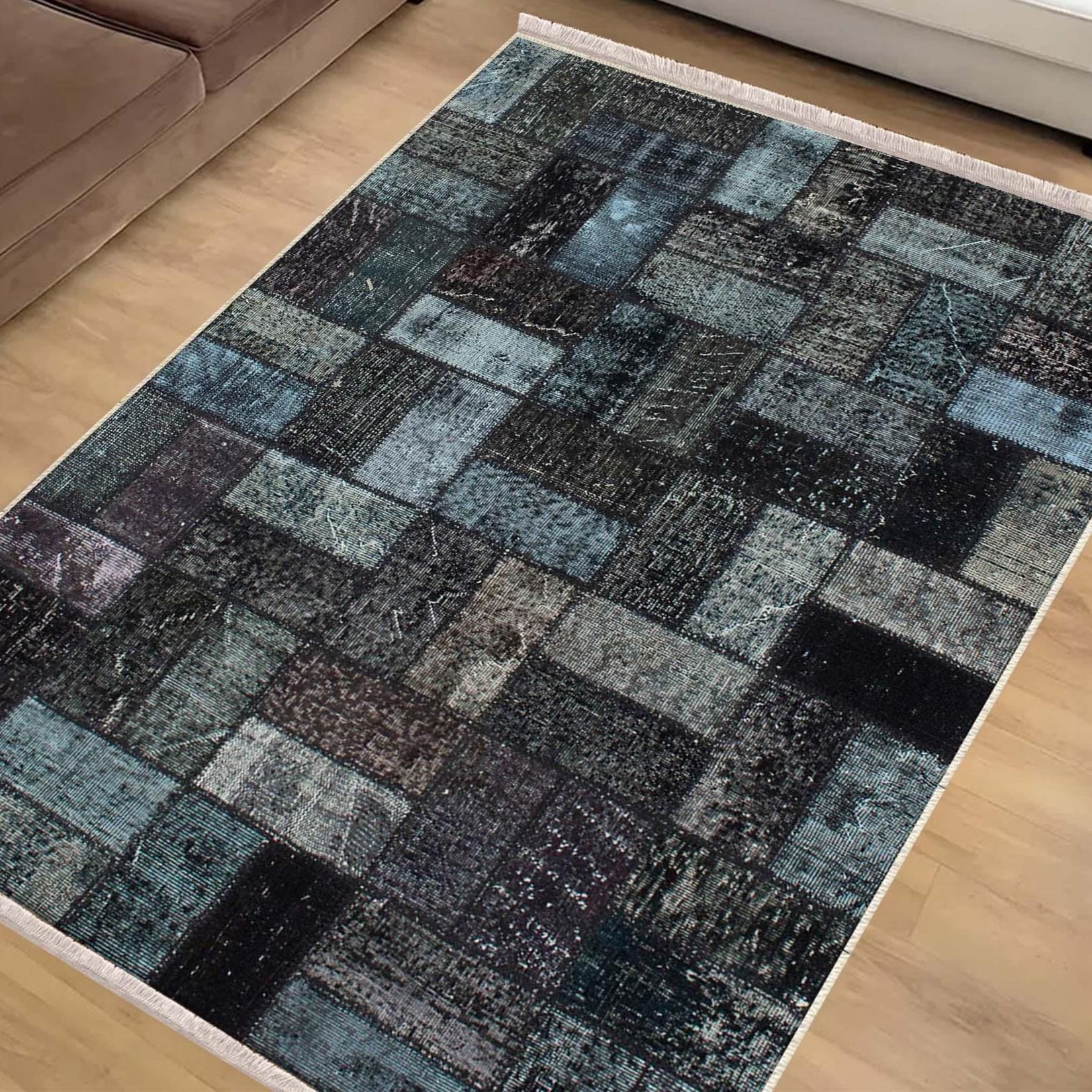Dark Black Blue Patchwork Design Kilim Area Rug Runner, Boho Accent Carpet, Unique Room Mat, Washable Anti-Slip Rug with pillow case gift