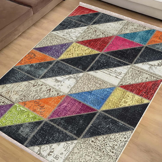 Colorful Geometric Patchwork Design Kilim Area Rug Runner, Boho Accent Carpet, Unique Room Mat, Washable Anti-Slip Rug with pillow case gift
