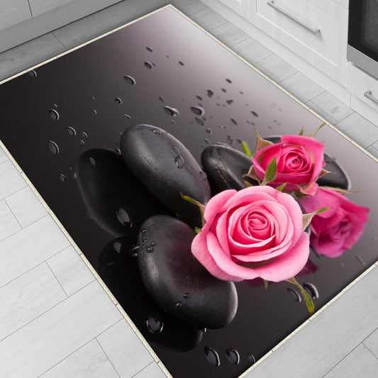 Pink Roses Spa Stone Kitchen Runner Rug - Washable, Non-Slip Floor Mat & Modern Home Decor