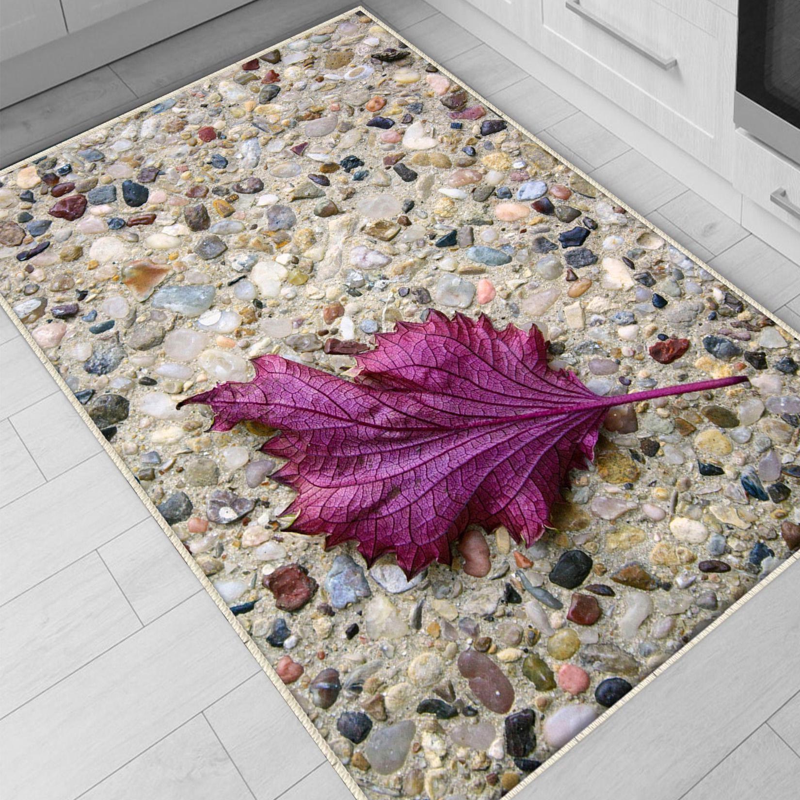 Purple Leaf Kitchen Runner Rug - Non-Slip, Washable Floor Mat for Kitchen & Home Decor, Modern Stone Wash Design