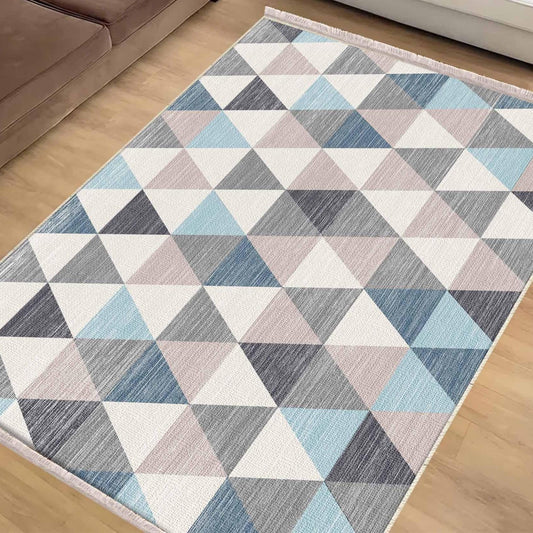 Blue Gray Triangle Geometric Design Area Rug Runner, Modern Accent Carpet, Unique Room Mat, Washable Anti-Slip Rug with pillow case gift