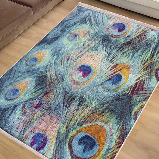 Peacock Feathers Modern Design Area Rug Runner, Accent Carpet, Unique Room Mat, Washable Anti-Slip Rug with pillow case gift