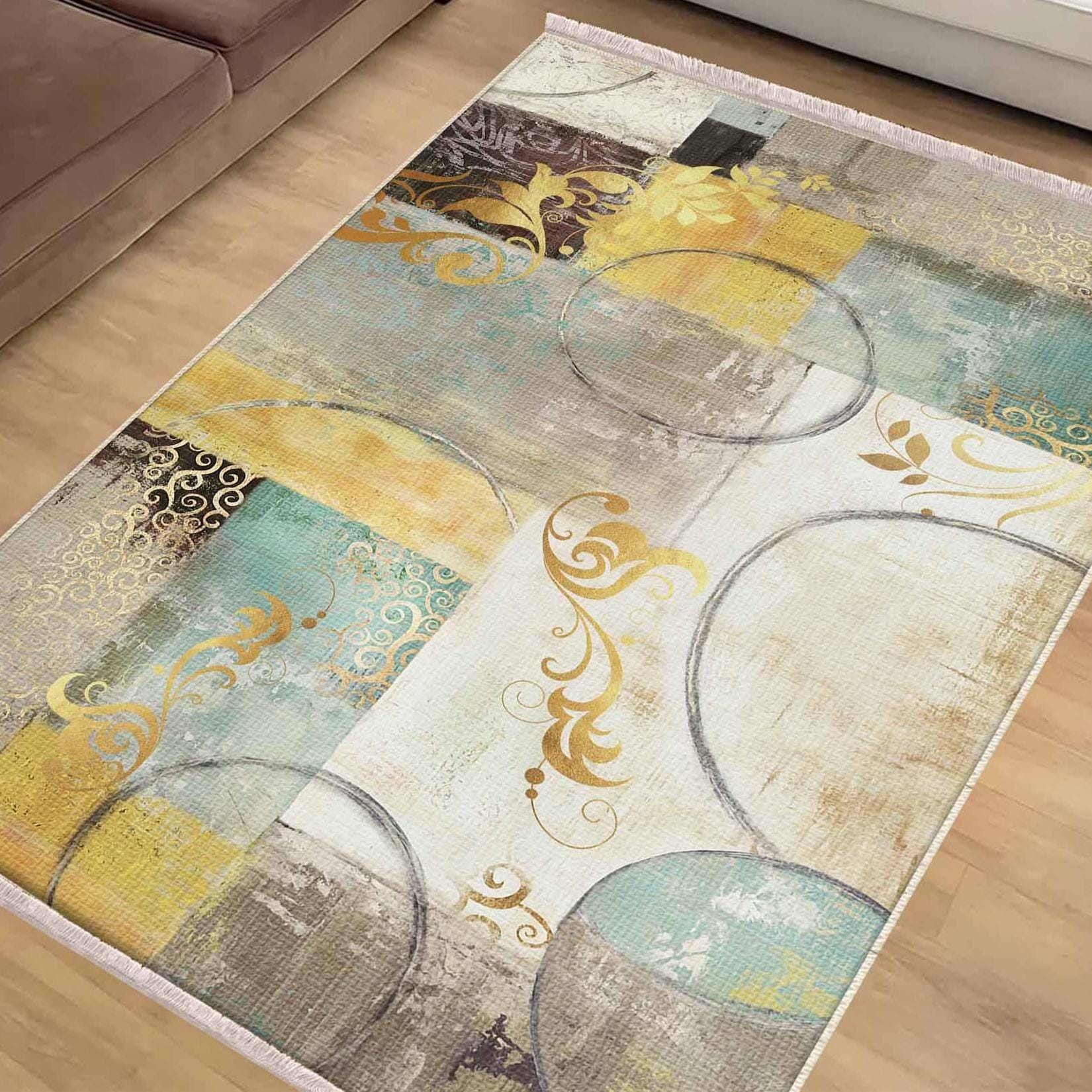 Yellow Green Brown Modern Design Area Rug Runner, Geometric Accent Carpet, Unique Room Mat, Washable Anti-Slip Rug with pillow case gift