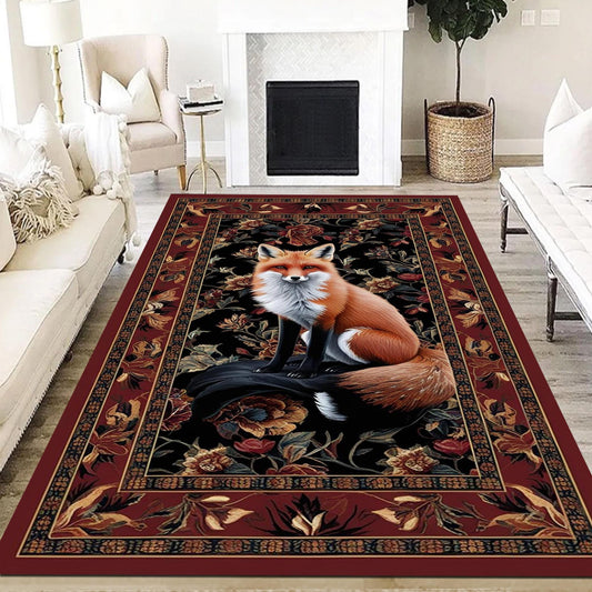 Fox Rug Floral Vintage Area Carpet - Orange Fox, Flowers Decorative Rug for Living Room, Bedroom, Washable Rug, Gift for Office Home Decor