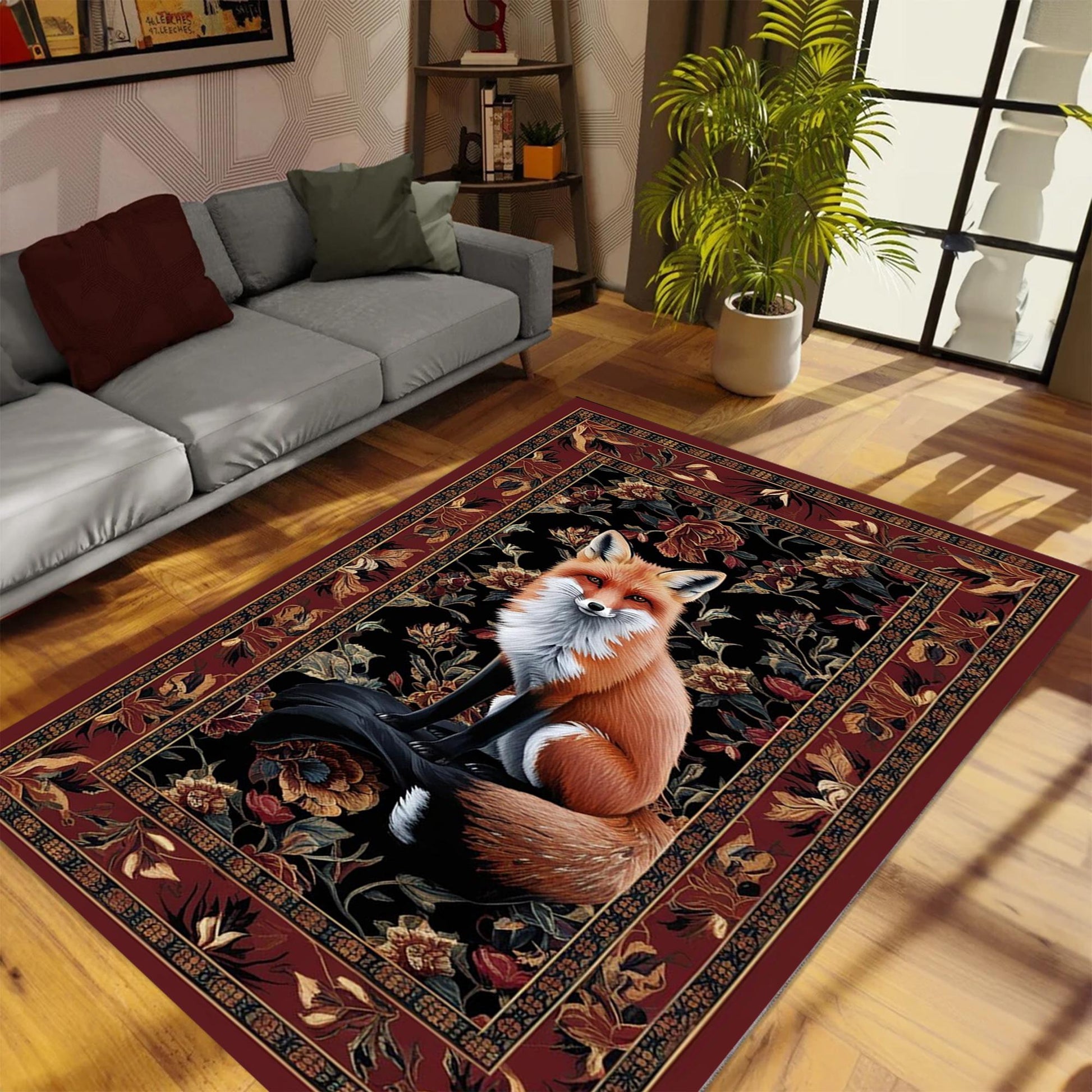 Fox Rug Floral Vintage Area Carpet - Orange Fox, Flowers Decorative Rug for Living Room, Bedroom, Washable Rug, Gift for Office Home Decor
