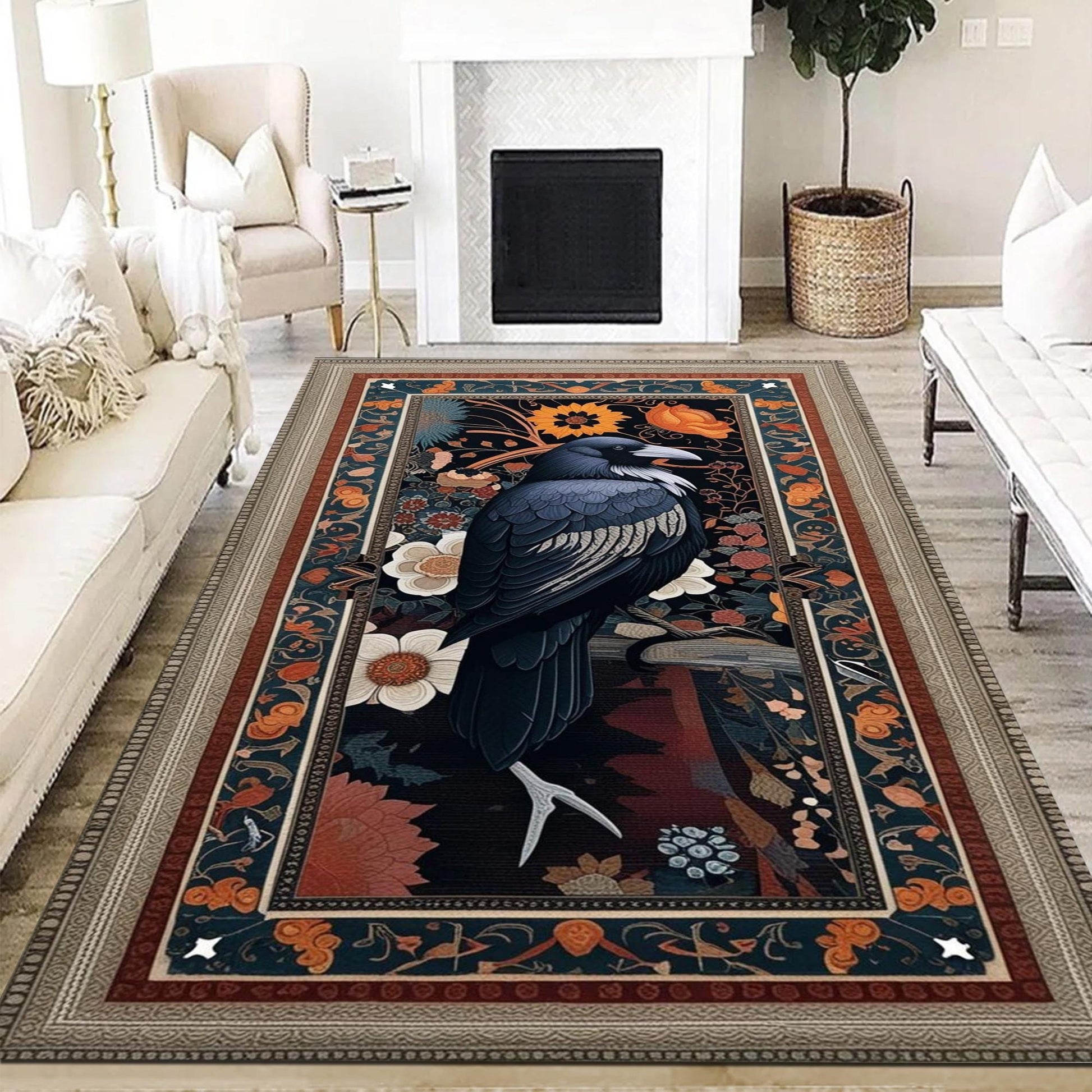 Gothic Raven Rug Dark Academia Orange Black Carpet Victorian Crow & Floral Witchcore Decor Area Rug Occult Aesthetic