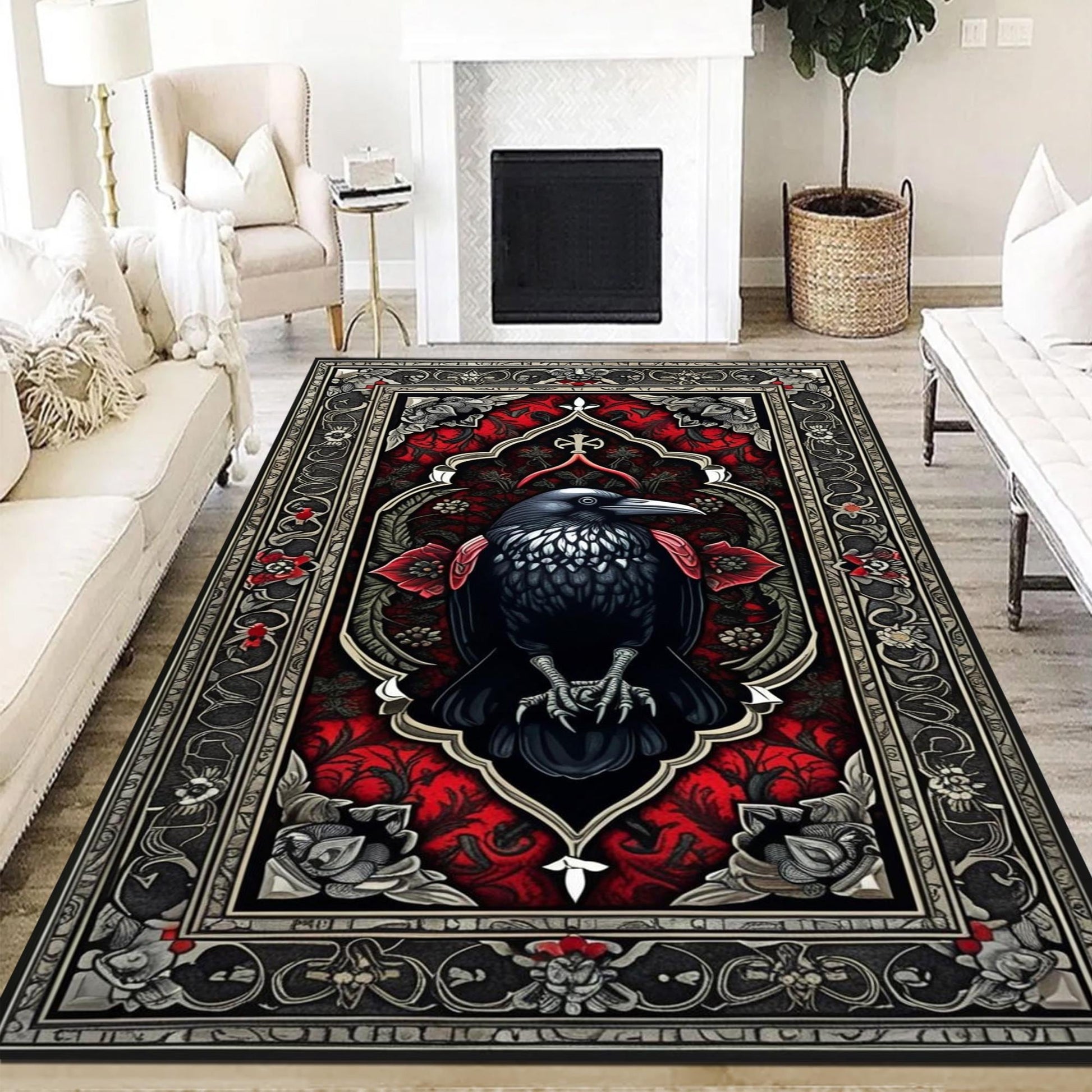 Raven Rug Dark Academia Boho Fairycore Decor | Satanic Gothic Crowcore Cottagecore Rug Witchy Aesthetic Carpet
