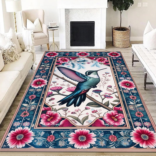 Hummingbird Area Rug with Flowers – Rustic Birds Floor Carpet, Nature-Inspired Home Decor, Soft & Durable Hummingbirds Rug for Living Room