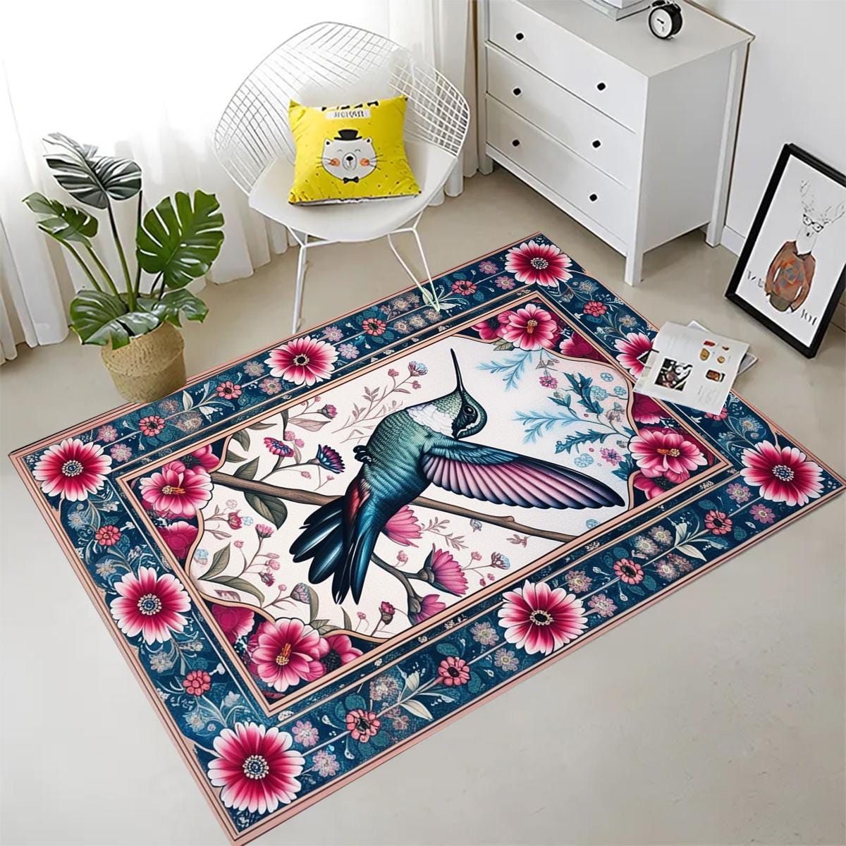 Hummingbird Area Rug with Flowers – Rustic Birds Floor Carpet, Nature-Inspired Home Decor, Soft & Durable Hummingbirds Rug for Living Room